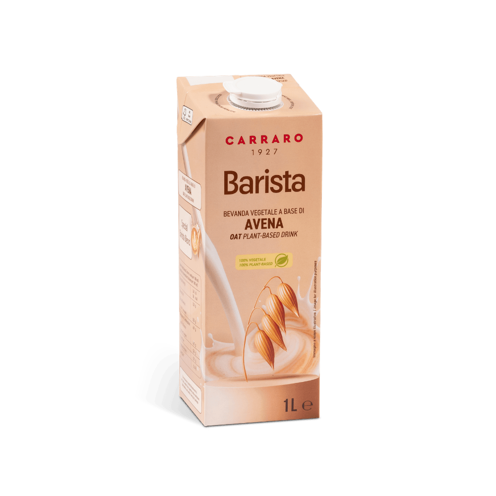 An angled view of a 1-liter carton of Carraro 1927 Barista Oat plant-based drink.