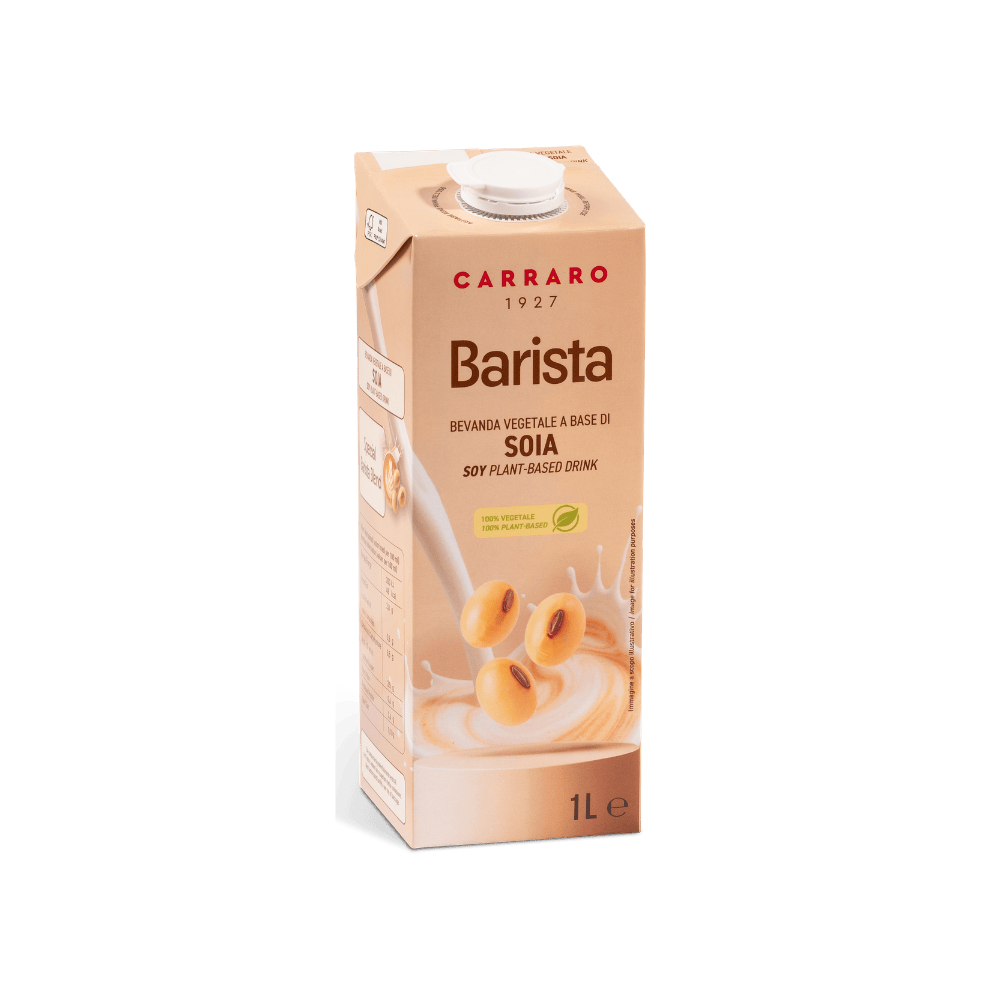 Carton of Carraro Barista soy-based drink on a transparent background