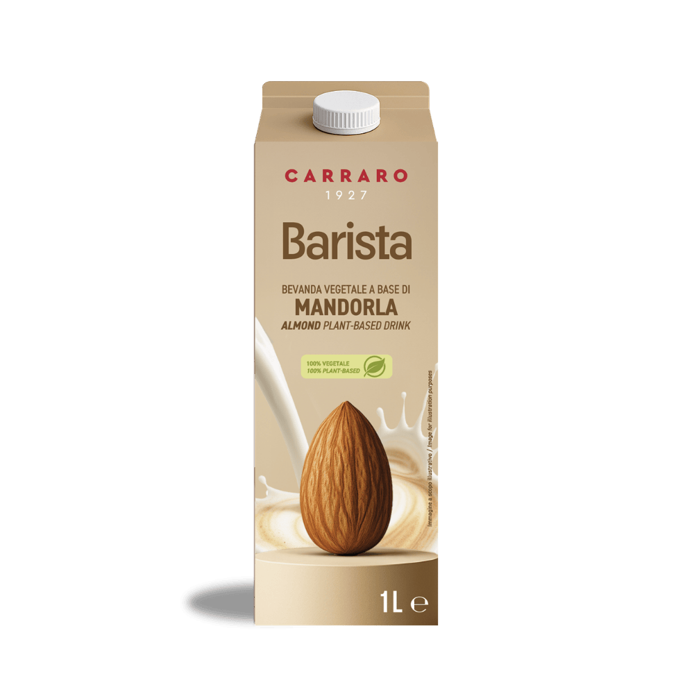 A 1-liter carton of Carraro 1927 Barista Almond plant-based milk, featuring a single almond splashing into creamy milk.