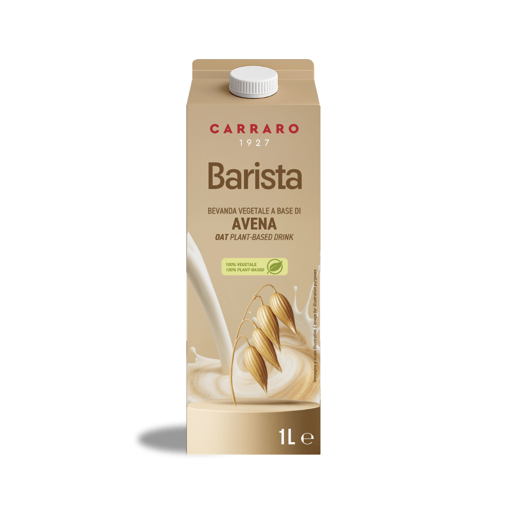A 1-liter carton of Carraro 1927 Barista Oat plant-based milk, featuring oat stalks splashing into creamy milk.