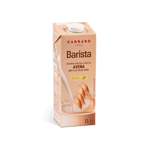 An angled view of a 1-liter carton of Carraro 1927 Barista Oat plant-based drink.