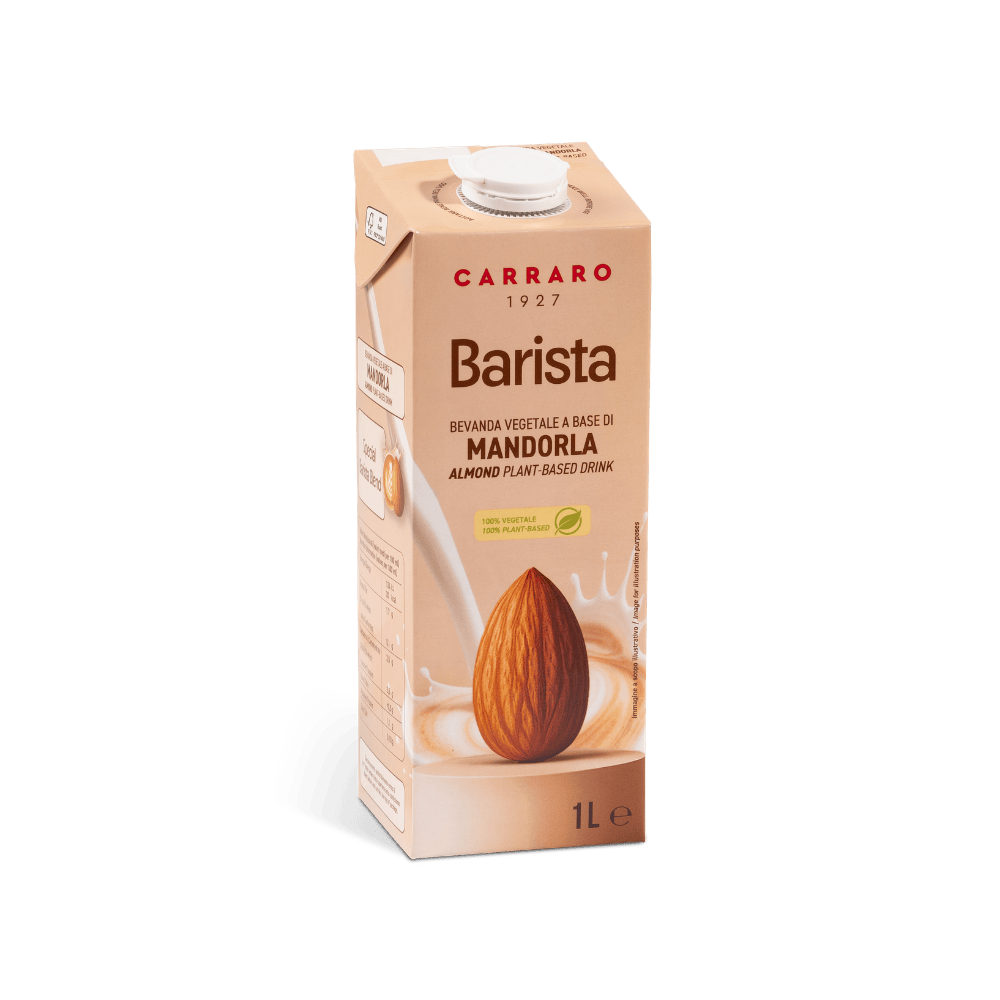 An angled view of a 1-liter carton of Carraro 1927 Barista Almond plant-based drink.