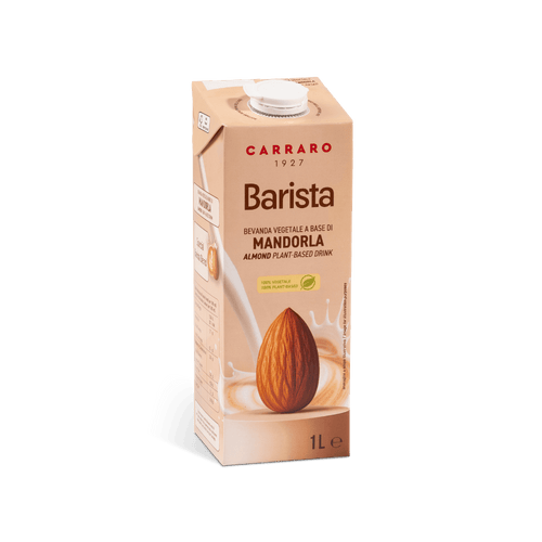 An angled view of a 1-liter carton of Carraro 1927 Barista Almond plant-based drink.