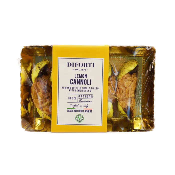 Packaging for Lemon Cream Cannoli 200g showing Italian pastry box design